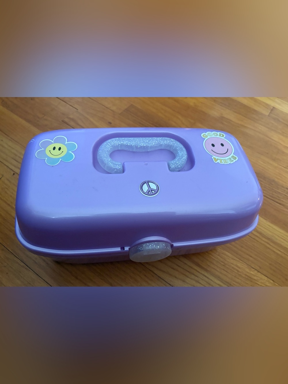 Lilac Glitter Handle Jewelry or Cosmetic Case with Peace Sign